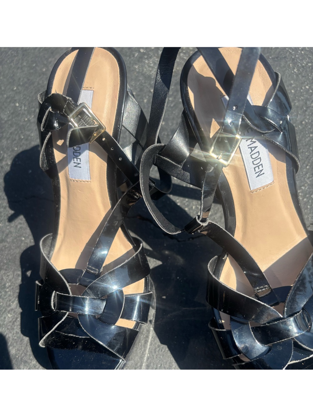 Steve Madden Black Patent Strappy Block Heels